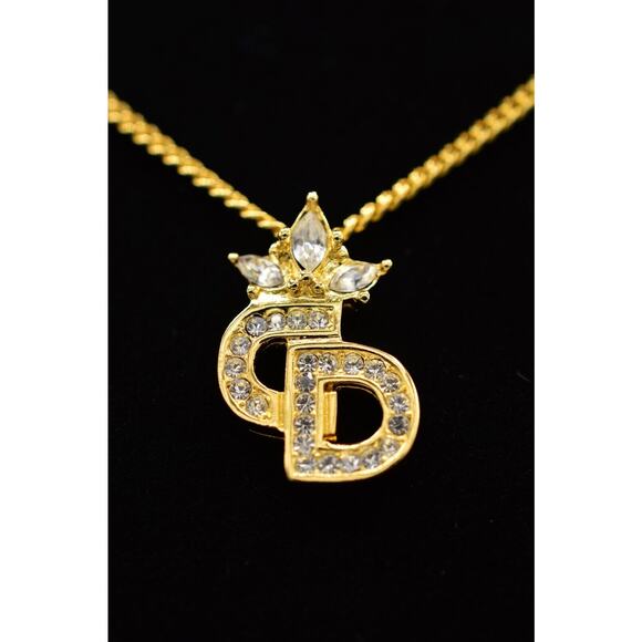 Christian Dior Vintage Crystal CD Logo Pendant Necklace Crown NOS Signed BInY - Picture 1 of 12